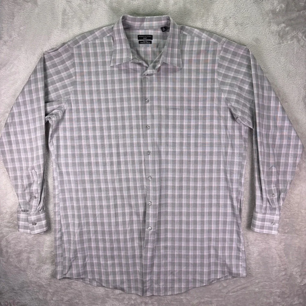 Shaquille‎ O'Neal Men's Button Down Shirt XLG Tall Fit Gray Plaid Long Sleeve